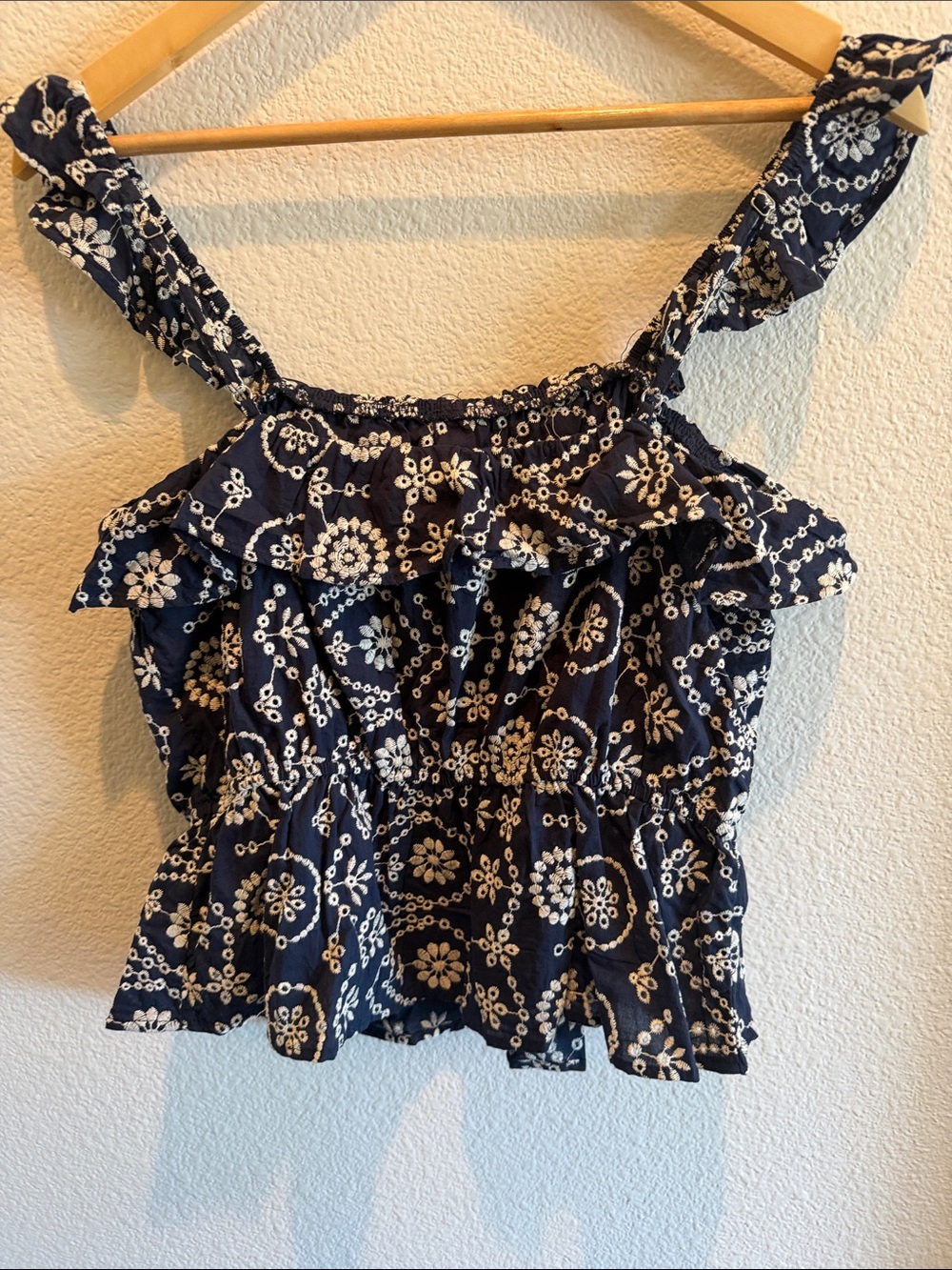 Navy Floral Embroidered Ruffle PeplumTank Top - Women - Picture 4 of 5